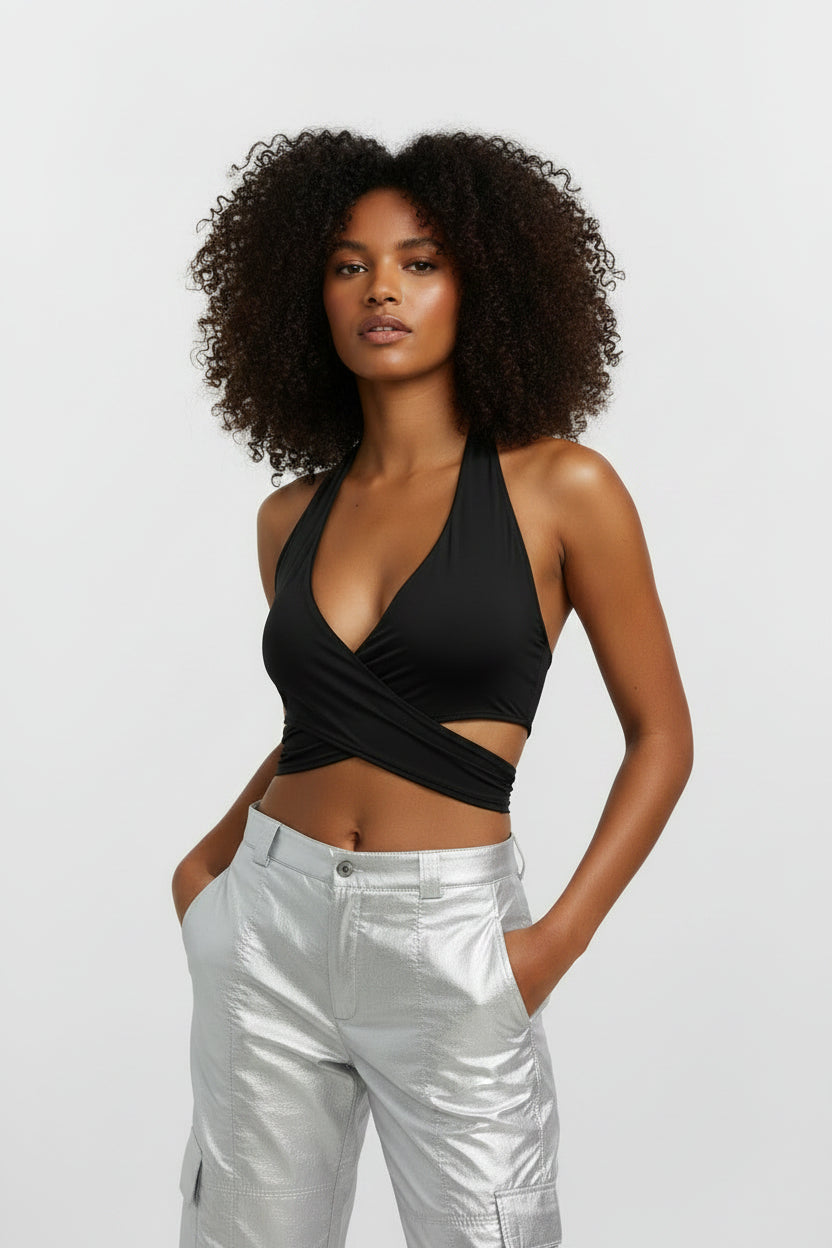 "Naomi" Wrap and Tie Top in Black