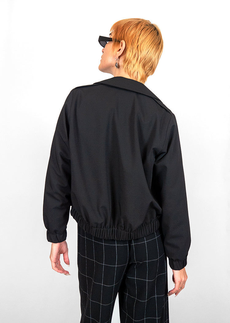 Cropped Military Blazer in Black Wool Suiting "NL"