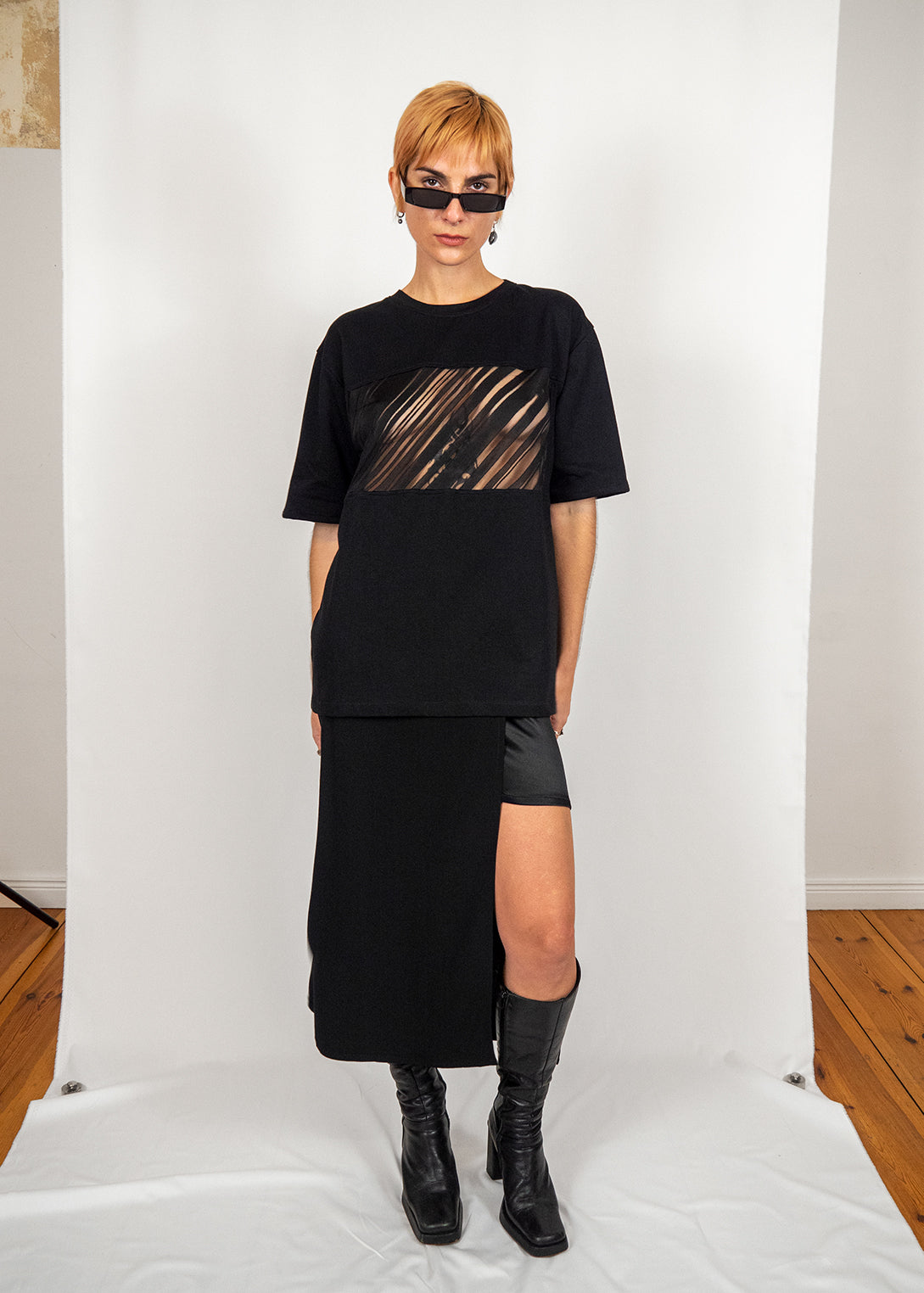 Oversized T-shirt with Window Panel in Black and Transparent Mesh "Max"