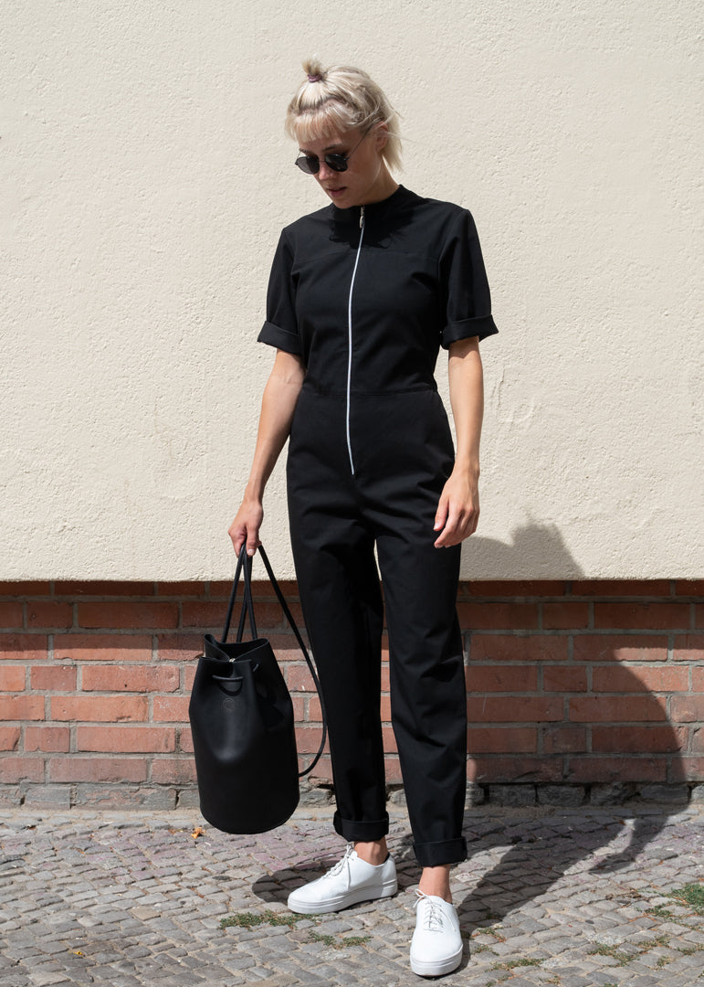 Tanger Zip Up Jumpsuit Navy Black - Corvera Vargas berlin conscious fashion brand. Tanger Zip Up Jumpsuit Navy Black for women.