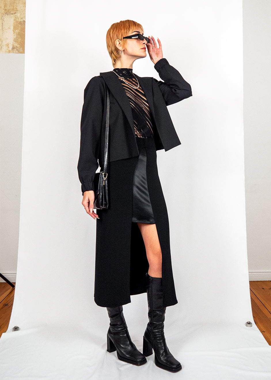 Cropped Military Blazer in Black Wool Suiting "NL"