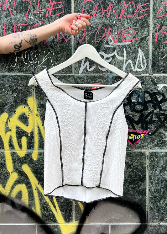 Panelled Tank Top in White Snake Textured Jersey with Black Stitching "Carys"