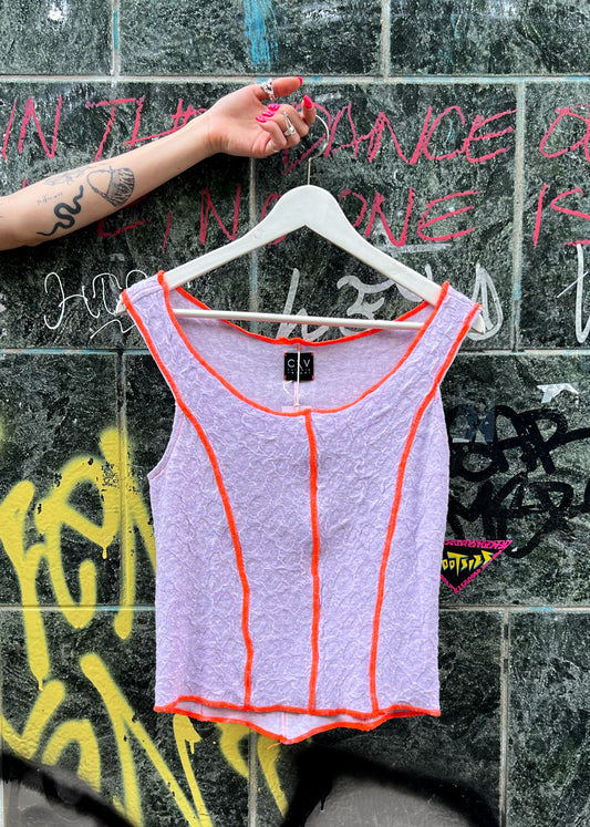 Panelled Tank Top in Lilac Could Patterned Jersey with Neon Orange Contrast Stitch "Carys"