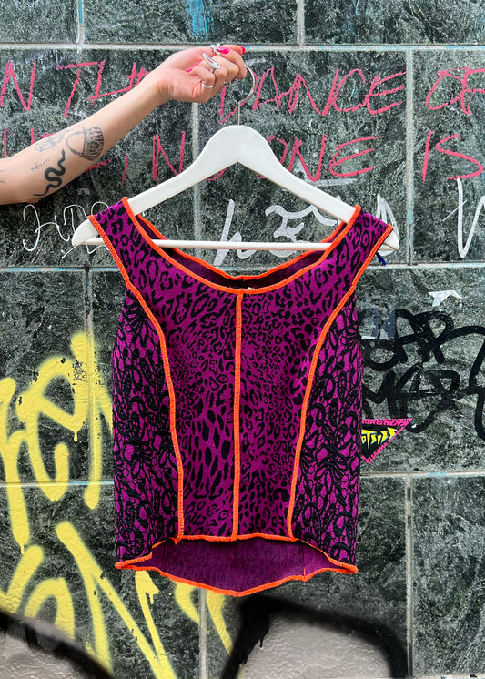 Panelled Tank Top in Purple Mix Patterned Jersey with Neon Orange Contrast Stitch "Carys"
