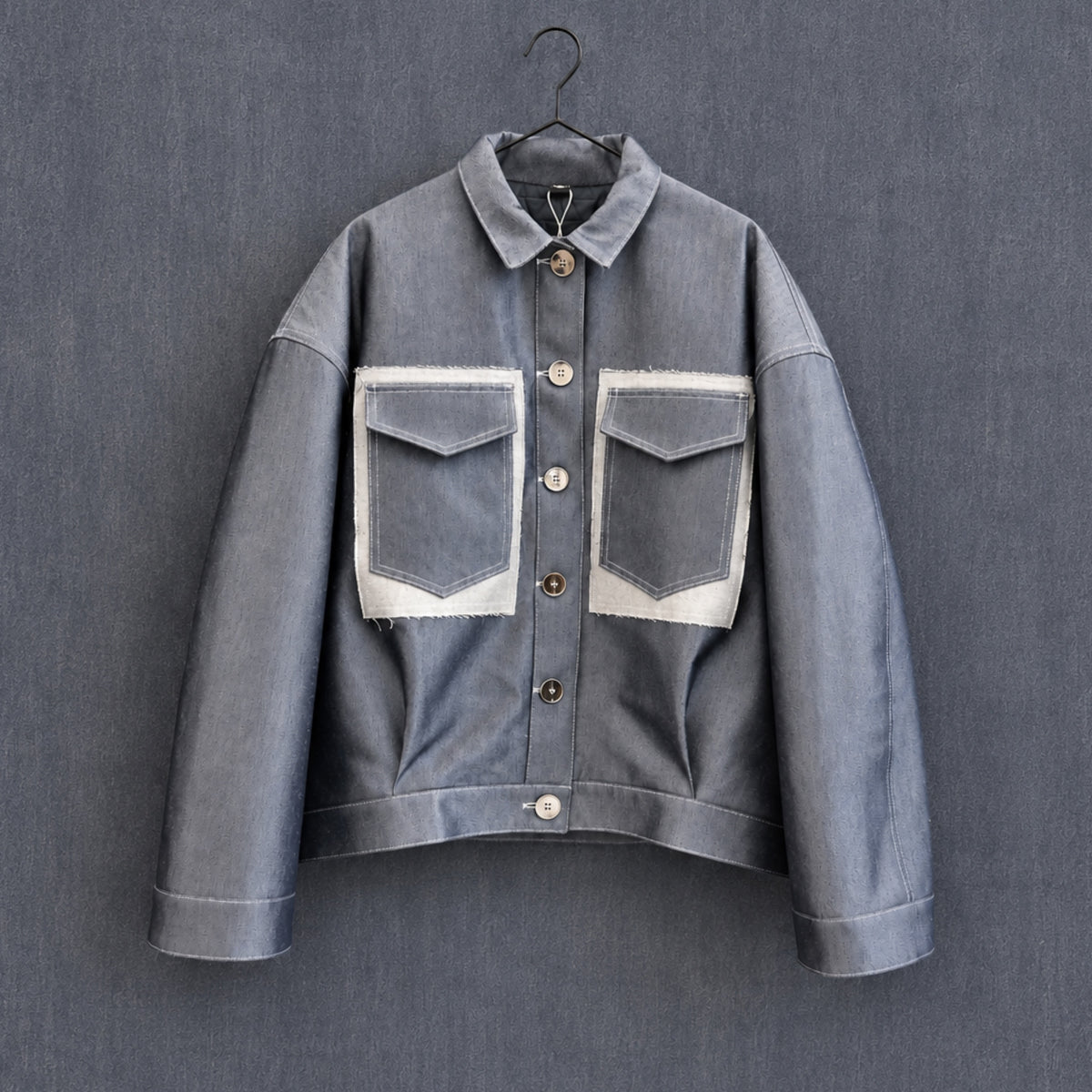 Oversized Collared Jacket with Patch Pockets in Silver Denim "Jesse"