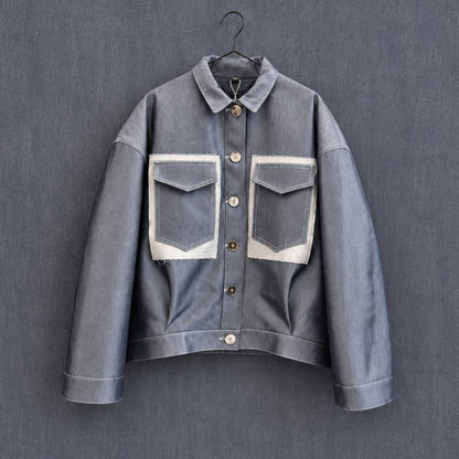 Oversized Collared Jacket with Patch Pockets in Silver Denim "Jesse"