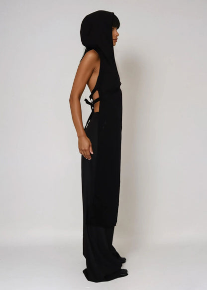 Hooded Panel Top Scarf in Black Wool "Maria"