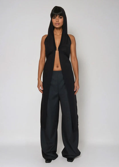 Hooded Panel Top Scarf in Black Wool "Maria"