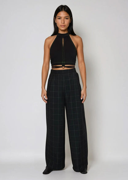 Halter Crop Top with Elastic Ties in Black with Green Contrast Neon Stitch "Zia"