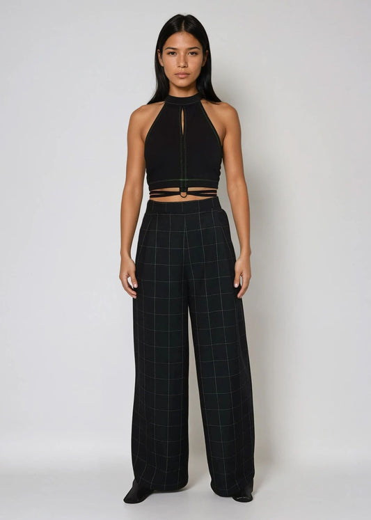 Halter Crop Top with Elastic Ties in Black with Green Contrast Neon Stitch "Zia"