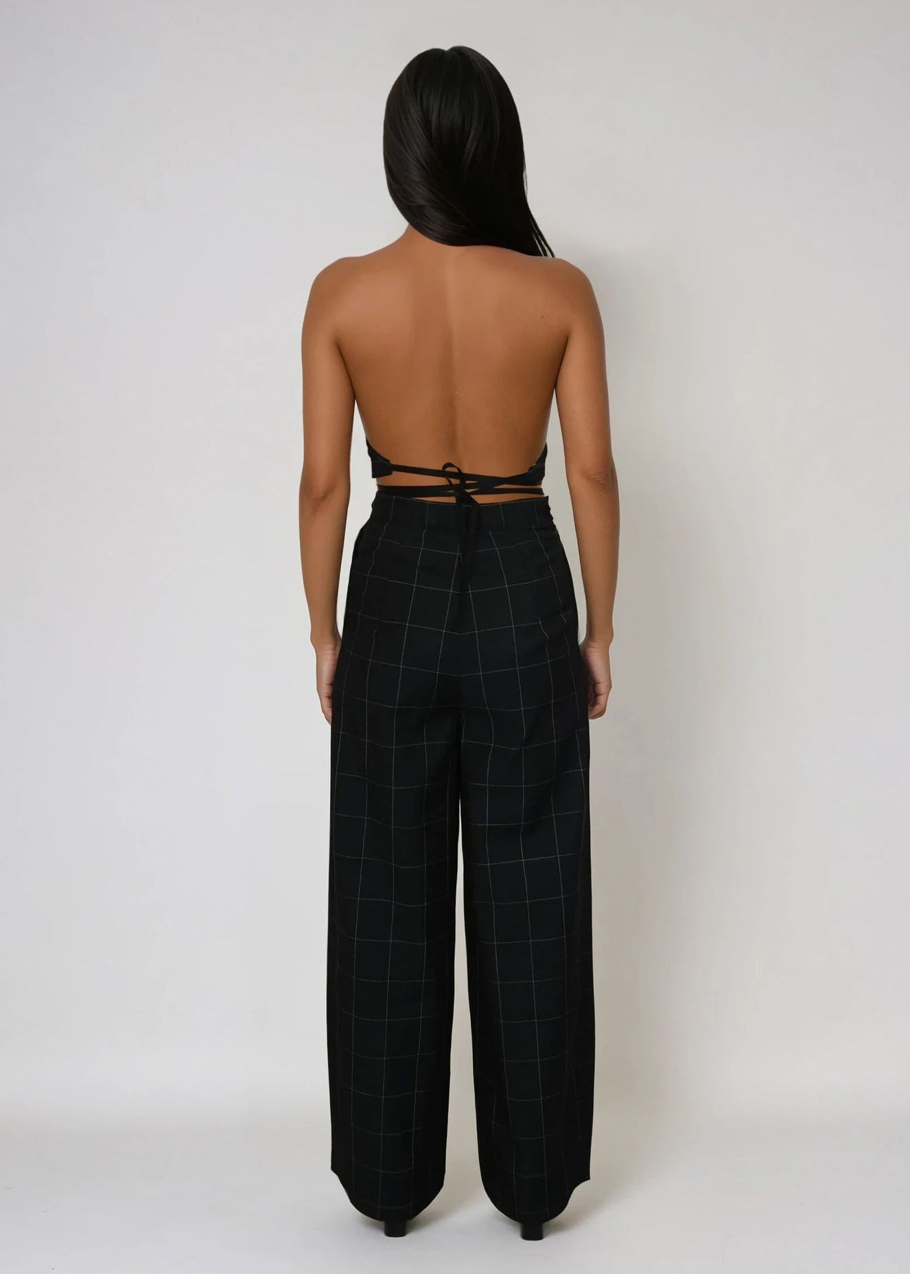 Halter Crop Top with Elastic Ties in Black with Green Contrast Neon Stitch "Zia"