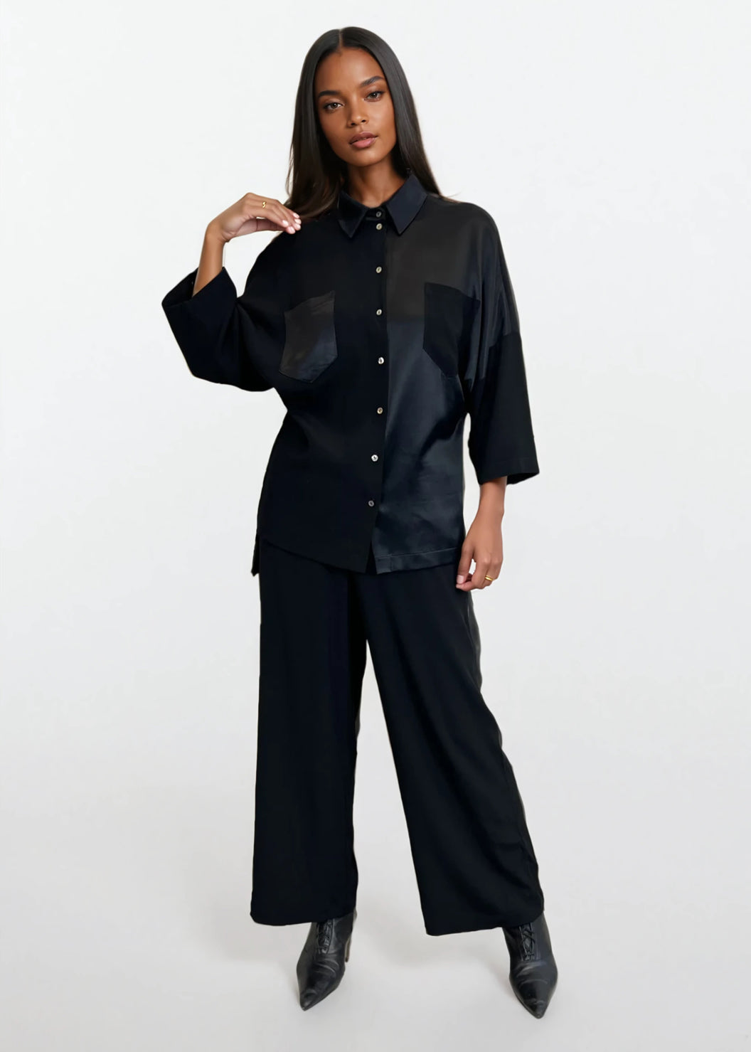 Collared Shirt with 3/4 Sleeve in Black Viscose Acetate "Lynn"