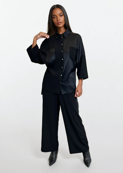 Collared Shirt with 3/4 Sleeve in Black Viscose Acetate "Lynn"