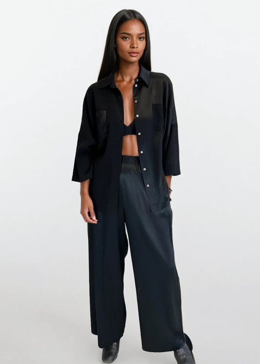 Loose Leg Trousers with Elasticised Waist in Black Viscose Acetate "Luise"