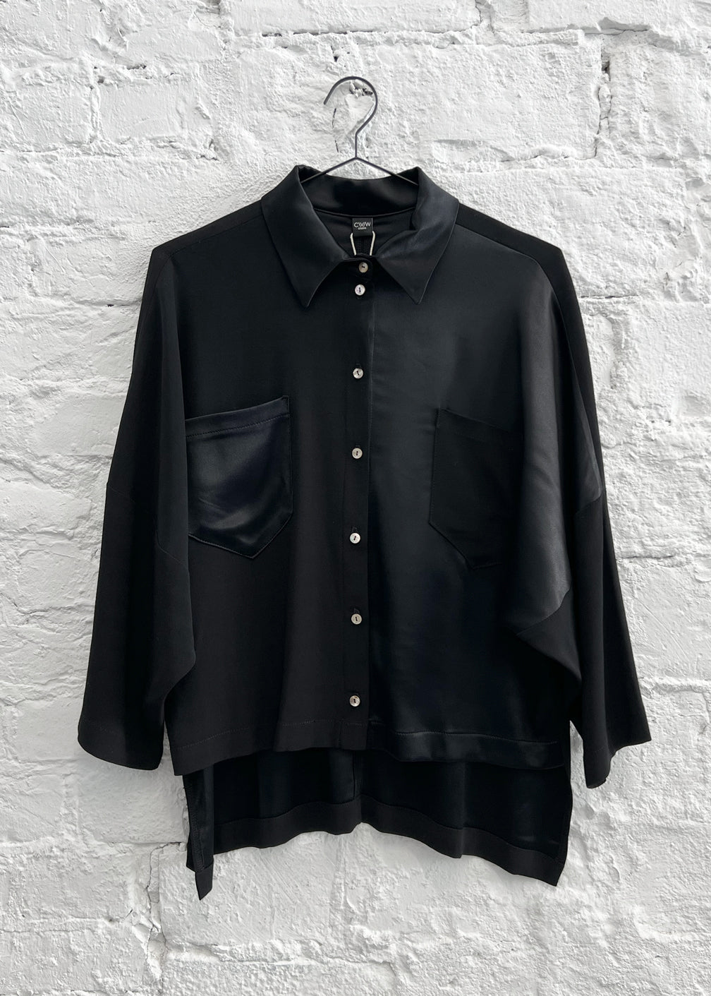 Collared Shirt with 3/4 Sleeve in Black Viscose Acetate "Lynn"