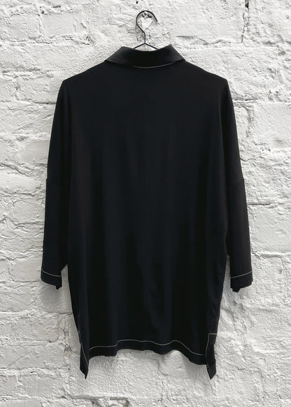 Collared Shirt with 3/4 Sleeve in Black Viscose Acetate with White Topstitching "Lynn"
