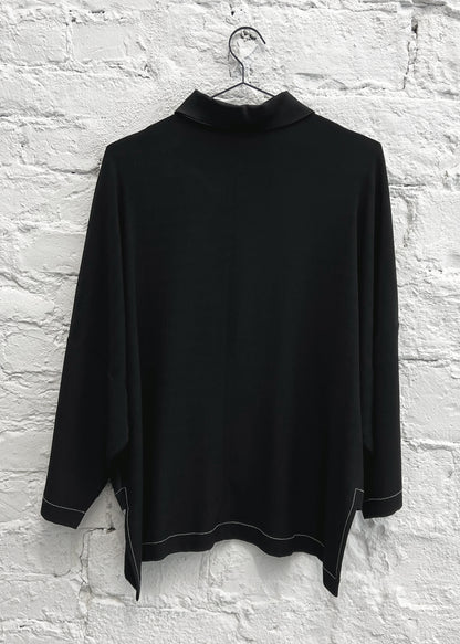 Collared Shirt with 3/4 Sleeve in Black Viscose Acetate with White Topstitching "Lynn"