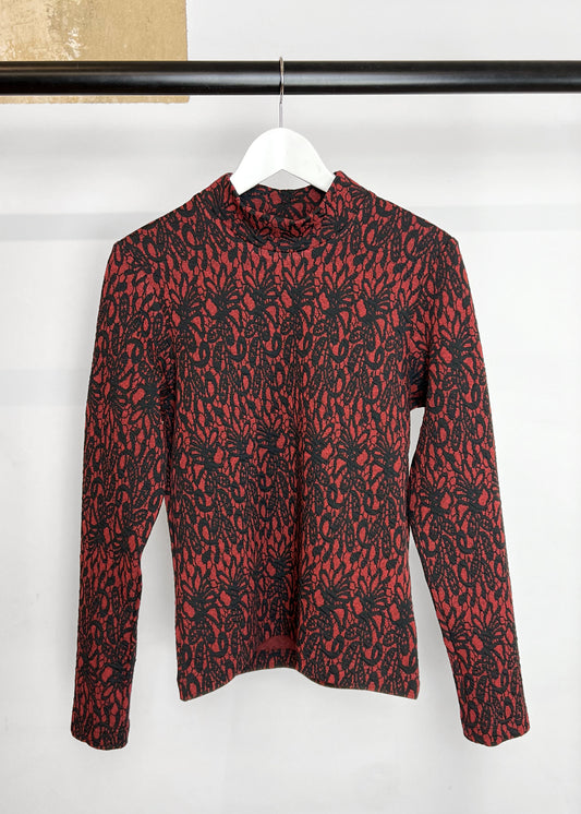 Long Sleeve Top in Red and Black Lace Jacquard Knit "Vicky”