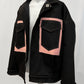 Oversized Collared Jacket with Patch Pockets in Black and Pink Denim "Jesse"