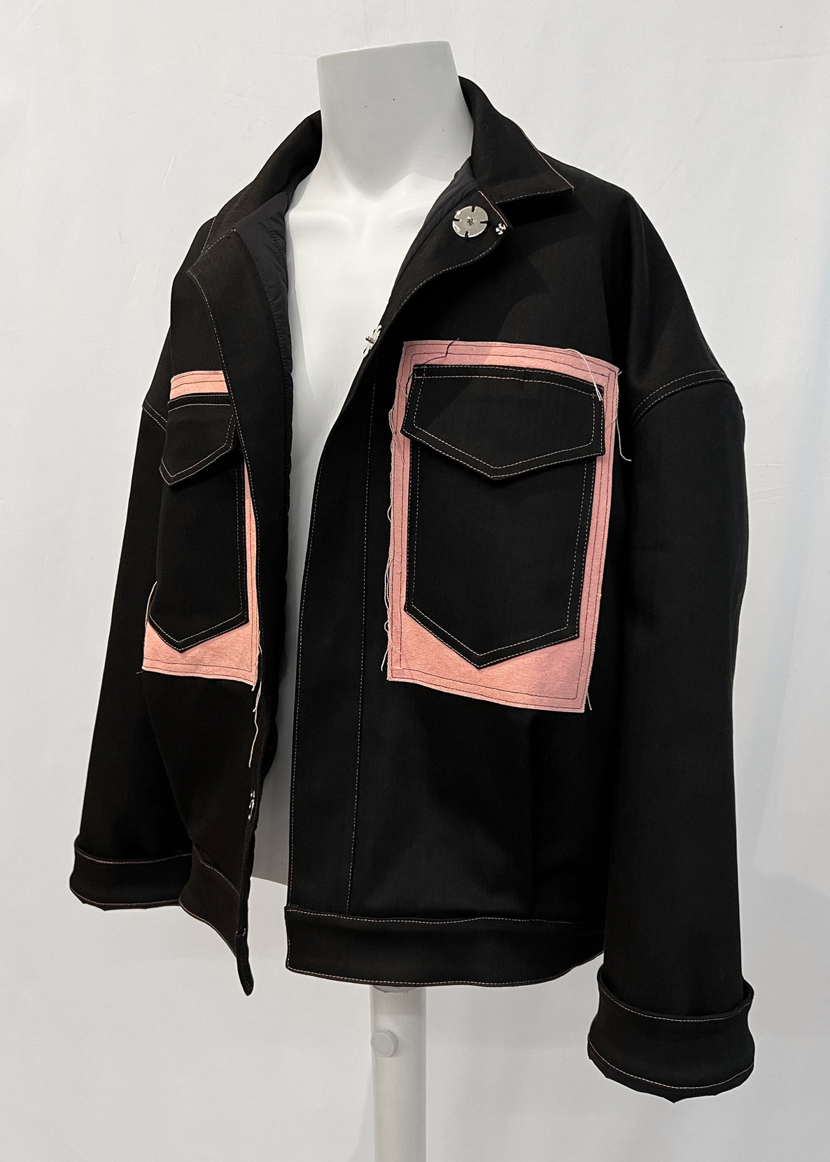 Oversized Collared Jacket with Patch Pockets in Black and Pink Denim "Jesse"