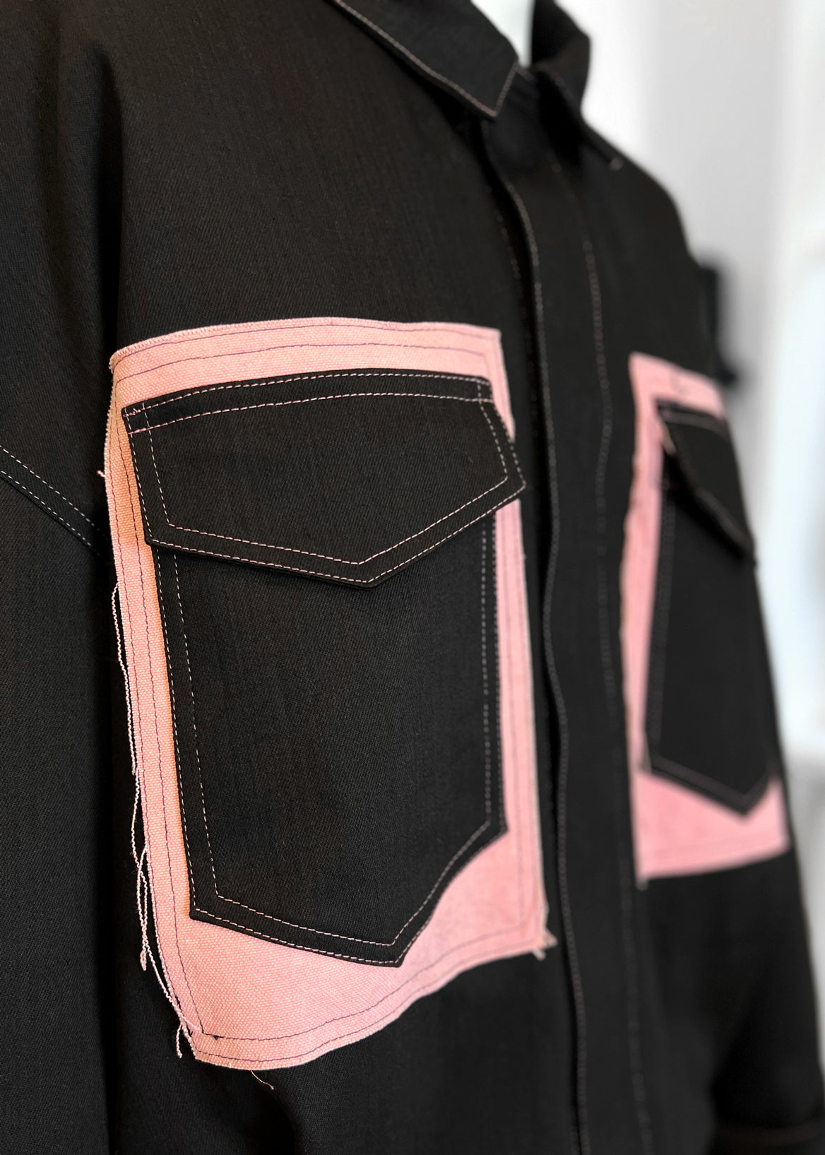 Oversized Collared Jacket with Patch Pockets in Black and Pink Denim "Jesse"