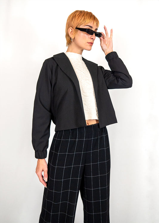 Cropped Military Blazer in Black Wool Suiting "NL"