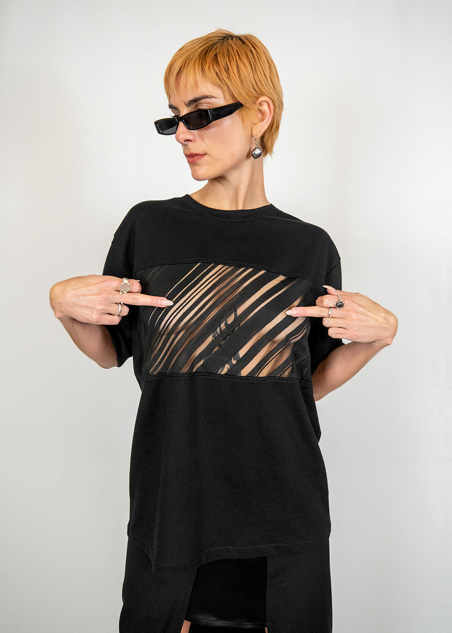Oversized T-shirt with Window Panel in Black and Transparent Mesh "Max"