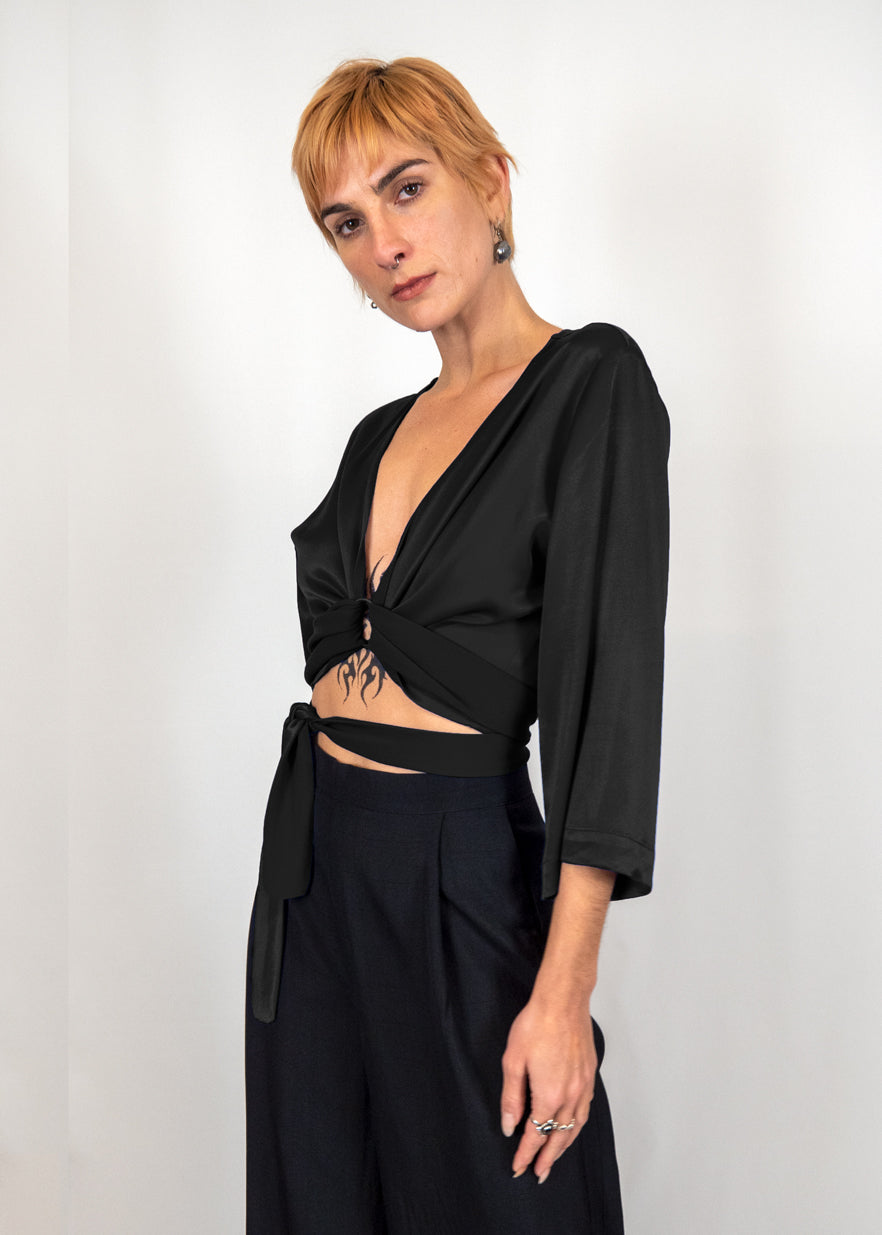 Wrap Crop Top in Black Viscose Acetate "Nika"