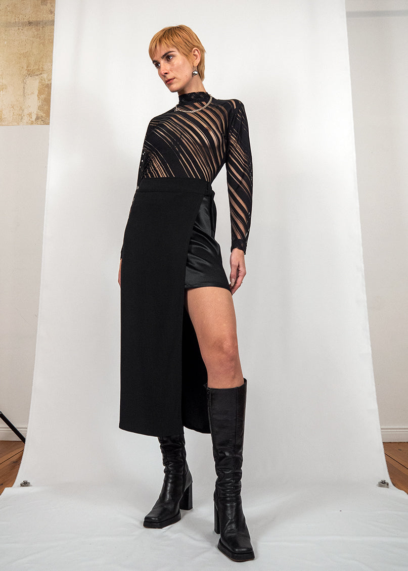 Wrap Skirt with Overlap and Belt in Black "Penelope"